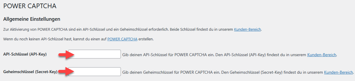 API-Schlüssel und Geheimschlüssel für POWER CAPTCHA in den Einstellungen eintragenAPI-Schlüssel und Geheimschlüssel für POWER CAPTCHA in den Einstellungen eintragen