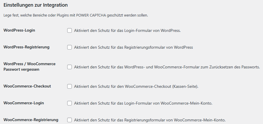 Bereiche wie Login, Registrierung oder Checkout für den Captcha-Schutz auswählen