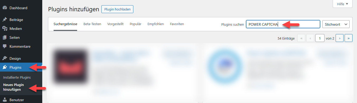 In WordPress das Plugin &#39;POWER CAPTCHA&#39; über das Menü &#39;Plugins &gt; Plugin hinzufügen&#39; suchen
