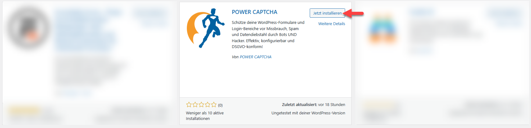 Plugin &#39;POWER CAPTCHA&#39; im WordPress-Verzeichnis mit Button &#39;Jetzt installieren&#39;