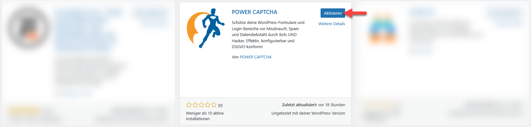 Nach Installation des Plugins erscheint der Button &#39;Aktivieren&#39; bei POWER CAPTCHA