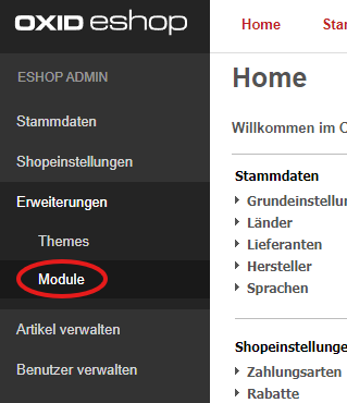 Menüpunkt &#39;Module&#39; im OXID eShop Administrationsbereich markiert