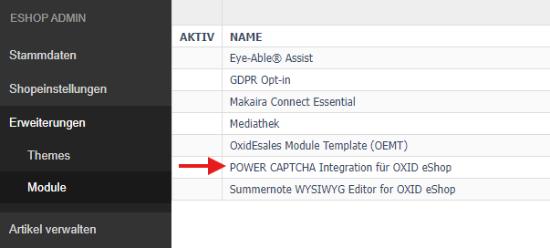 Modul-Übersicht im OXID eShop Administrationsbereich, POWER CAPTCHA-Modul markiert