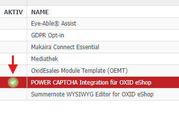 Modul-Übersicht mit aktivem POWER CAPTCHA-Modul, grüner Haken markiert