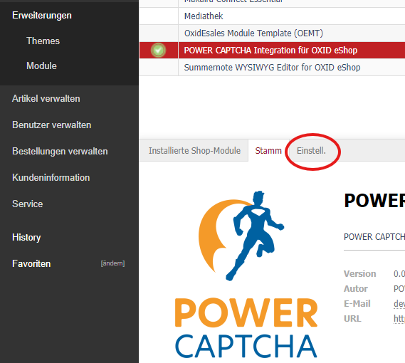 Registerkarte &#39;Einstell.&#39; des POWER CAPTCHA-Moduls markiert