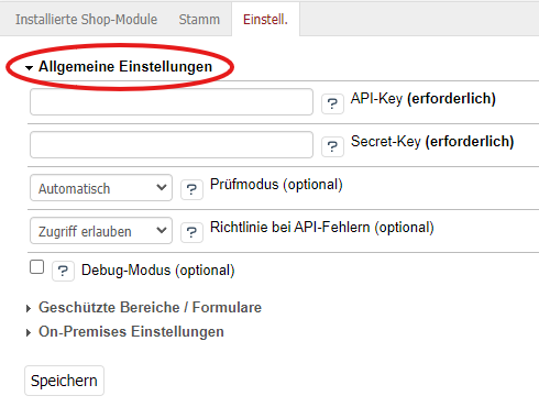Einstellungen des POWER CAPTCHA-Moduls, Sektion &#39;allgemeinen Einstellungen&#39; markiert