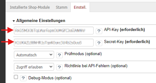 Einstellungen des POWER CAPTCHA-Moduls, Sektion &#39;allgemeine Einstellungen&#39; mit Markierung auf ausgefülltem API-Key und Secret-Key