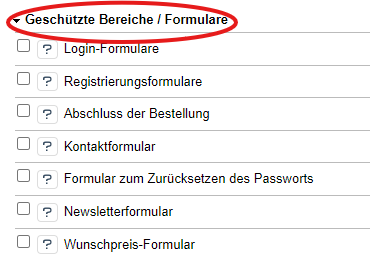 Einstellungen des POWER CAPTCHA-Moduls, Sektion &#39;Geschützte Bereiche / Formulare&#39; markiert