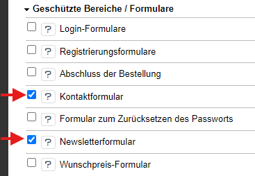 Einstellungen des POWER CAPTCHA-Moduls, Auswahl von &#39;Kontaktformular&#39; und &#39;Newsletterformular&#39; in der Sektion &#39;Geschützte Bereiche / Formulare&#39;