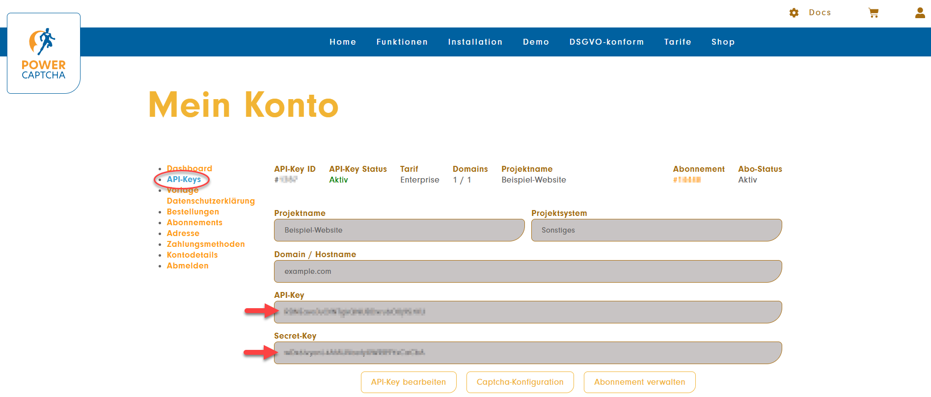 Menüpunkt 'API-Keys' mit angezeigten API-Key und Secret-Key im POWER CAPTCHA Mein Konto-Bereich