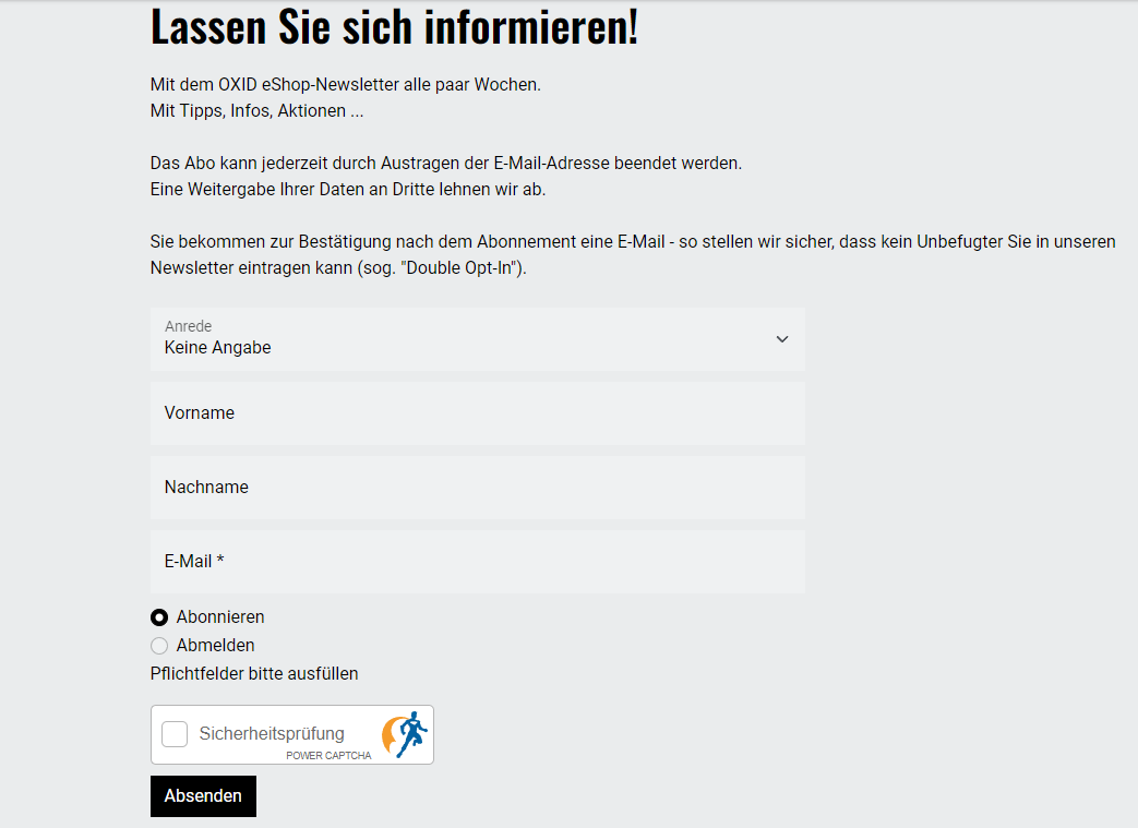 OXID eShop Newsletterformular mit integriertem POWER CAPTCHA