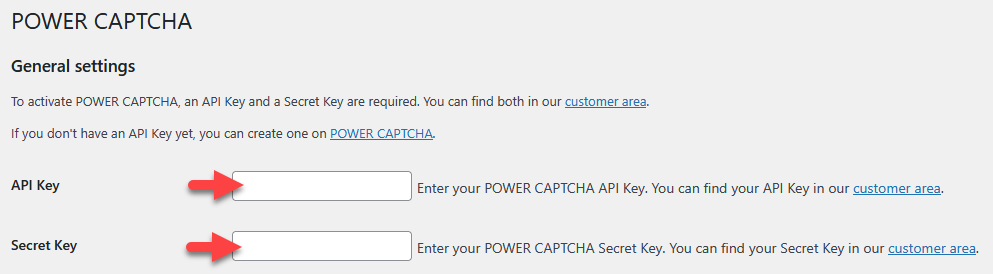 Enter API key and secret key for POWER CAPTCHA in the settings