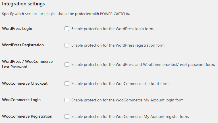 Select areas such as login, registration or checkout for captcha protection