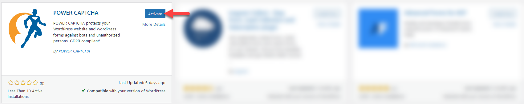 After installing the plugin, the &#39;Activate&#39; button appears for POWER CAPTCHA