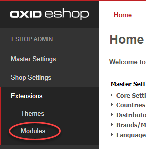 Menu item &#39;Modules&#39; highlighted in the OXID eShop administration area