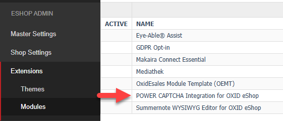 Module overview in the OXID eShop administration area, POWER CAPTCHA module highlighted