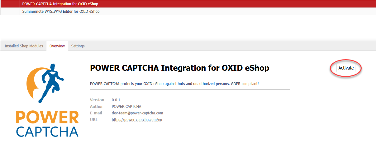Tab &#39;Main&#39; of the POWER CAPTCHA module, &#39;Activate&#39; button highlighted