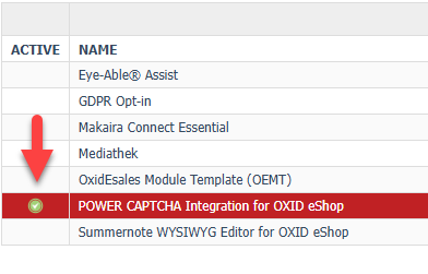 Module overview with active POWER CAPTCHA module, green checkmark highlighted