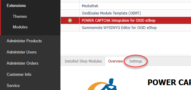 Tab &#39;Settings&#39; of the POWER CAPTCHA module highlighted