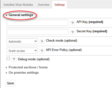 Settings of the POWER CAPTCHA module, &#39;General settings&#39; section highlighted