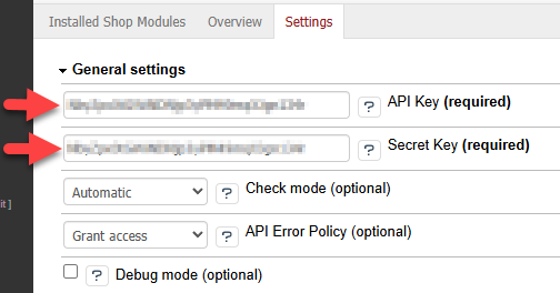 Settings of the POWER CAPTCHA module, &#39;General settings&#39; section with filled API key and secret key highlighted