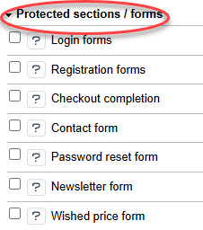 Settings of the POWER CAPTCHA module, &#39;Protected areas / forms&#39; section highlighted