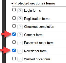Settings of the POWER CAPTCHA module, selection of &#39;Contact form&#39; and &#39;Newsletter form&#39; in the &#39;Protected areas / forms&#39; section