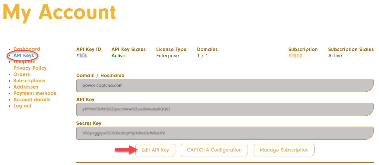 In the &#39;My Account&#39; area of POWER CAPTCHA, the API key can be edited via the &#39;Edit API Key&#39; button