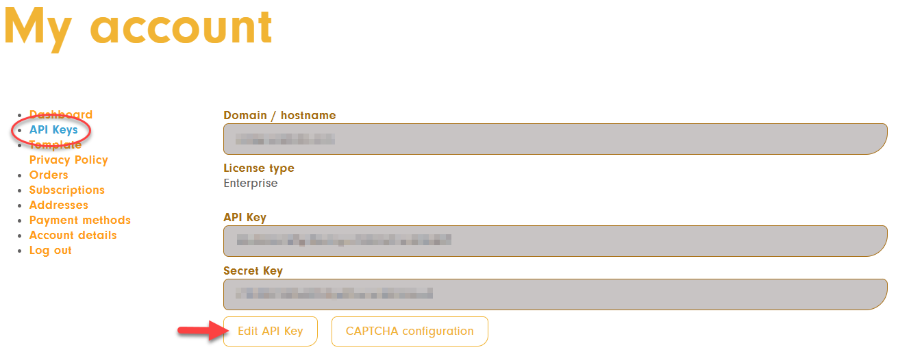 In the &#39;My account&#39; area of POWER CAPTCHA, the API key can be edited via the &#39;Edit API key&#39; button