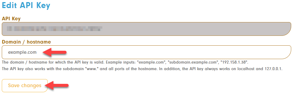 API key editing with entered domain and &#39;Save changes&#39; button