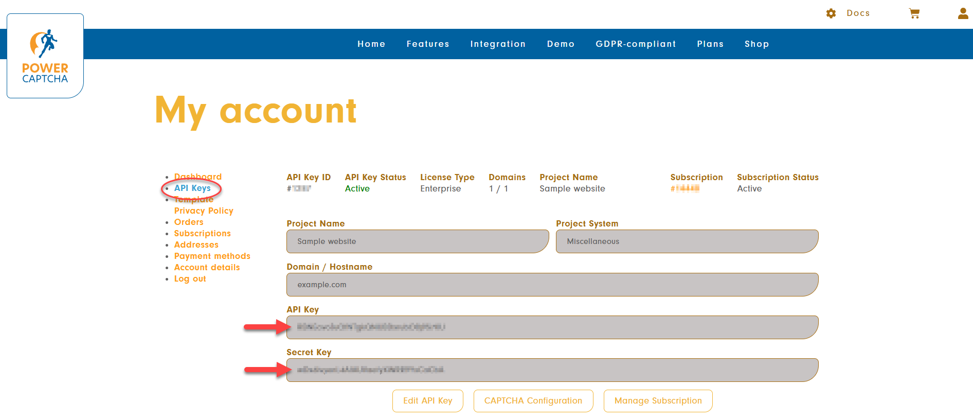 Menu item 'API Keys' with displayed API key and secret key in the POWER CAPTCHA 'My Account' area
