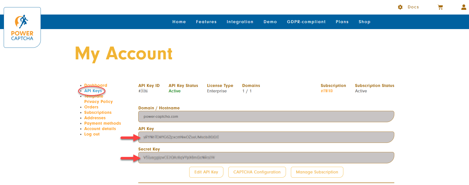 Menu item &#39;API Keys&#39; with displayed API key and secret key in the POWER CAPTCHA &#39;My Account&#39; area