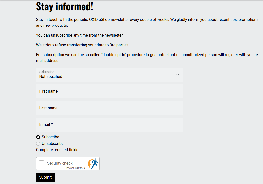 OXID eShop newsletter form with integrated POWER CAPTCHA