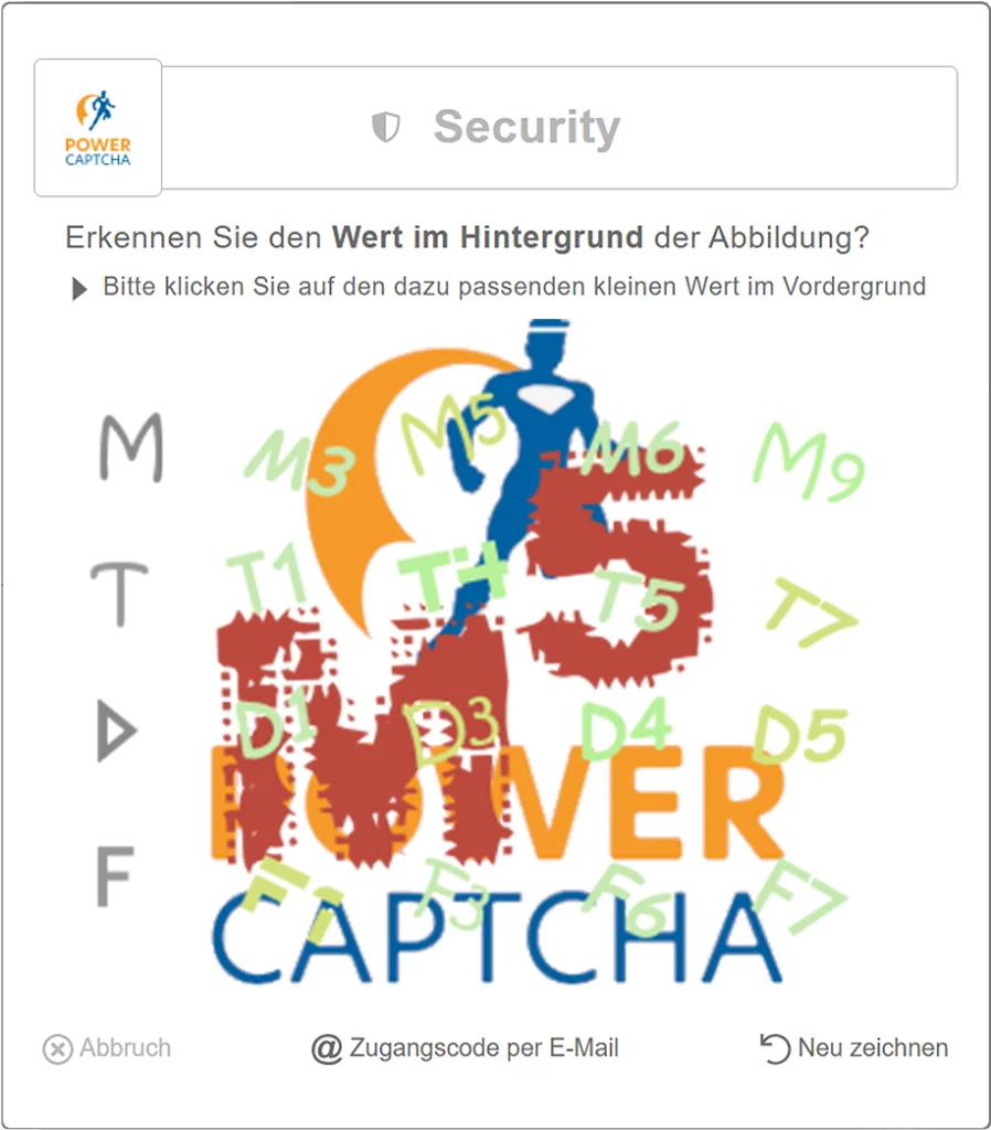 POWER CAPTCHA Pop-Up mit POWER CAPTCHA Logo, WordPress Captcha, Spam-Schutz, Contact Form 7, WPForms, DSGVO-konform